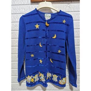 Quacker Factory Women's Royal Blue Zip Front With Angel Appliques Sweater Small